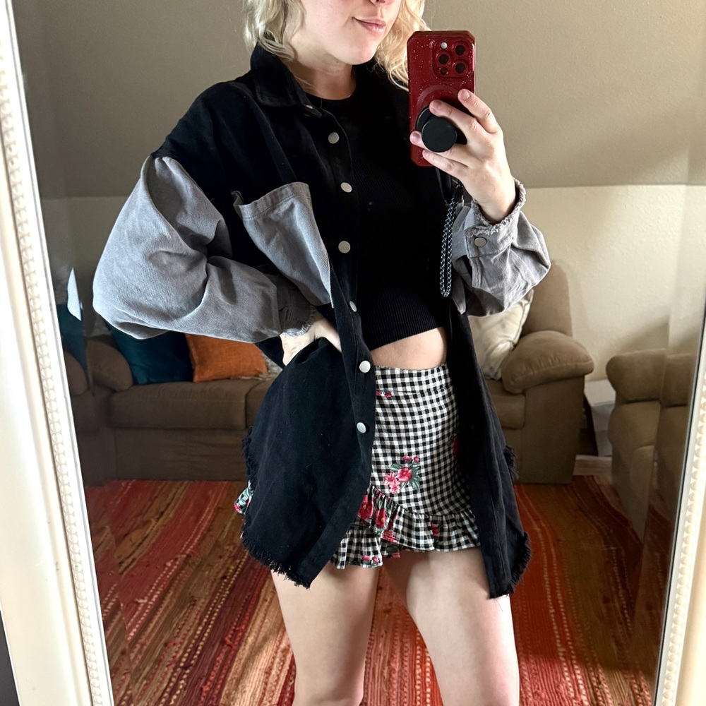 Black and Gray Button-Up Shacket Grunge Oversized Denim Jacket